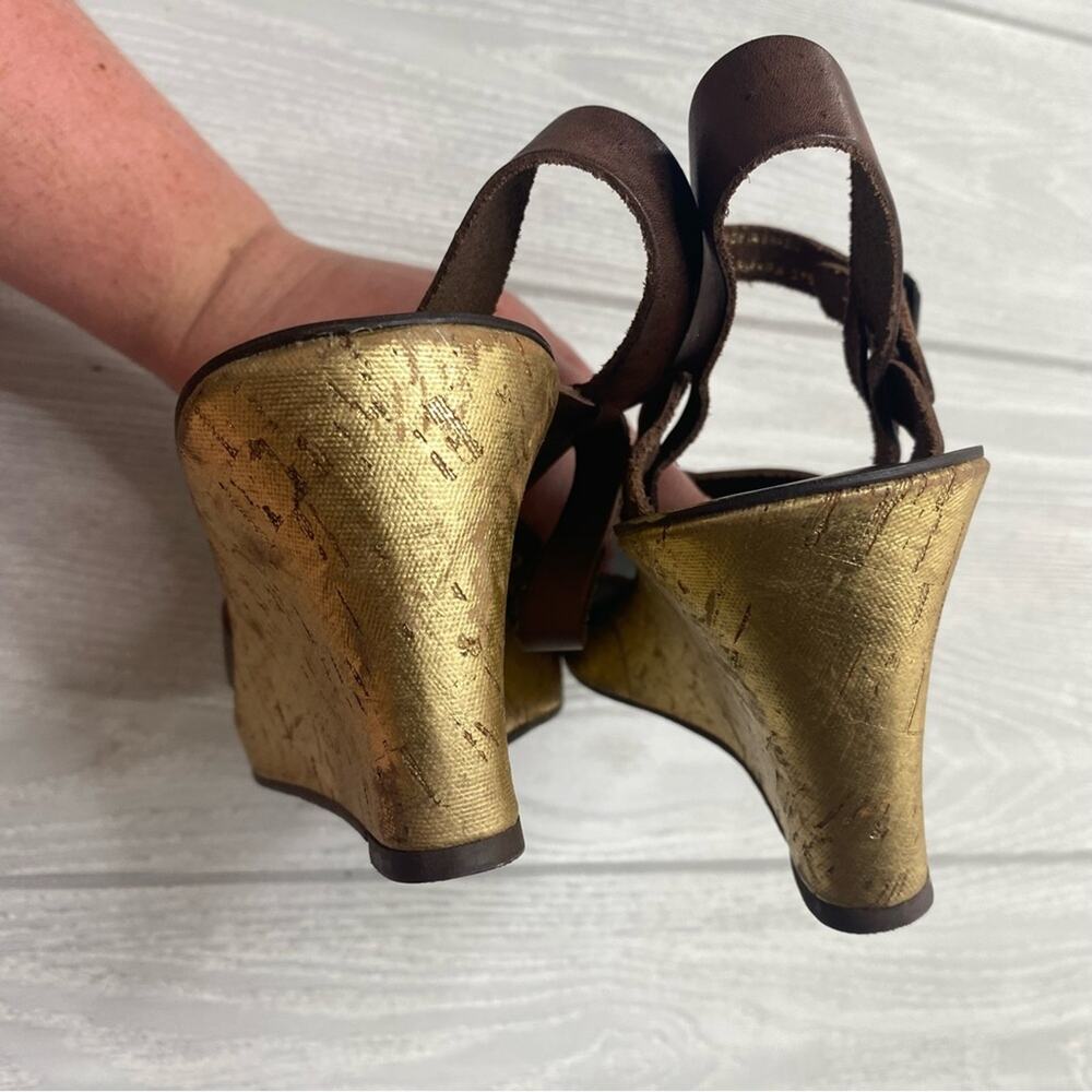 KORK-EASE WOMEN'S TAMARA BROWN LEATHER STRAPPY GOLD CORK WEDGE SANDALS SIZE 9 - Picture 6 of 10